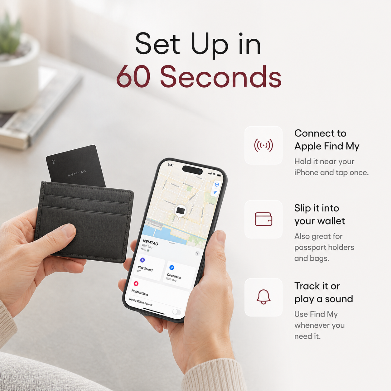 NEMTAG Wallet Tracker Card, 1.8mm, Works with Apple Find My